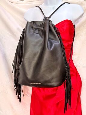 NWOT Victoria's Secret Black Fringe Drawstring Backpack H0009